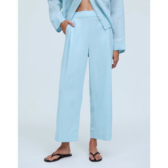 Madewell Pants Petite Pull-On Straight Crop Linen Blend Blue Heron NWT Size 14 - Picture 1 of 11